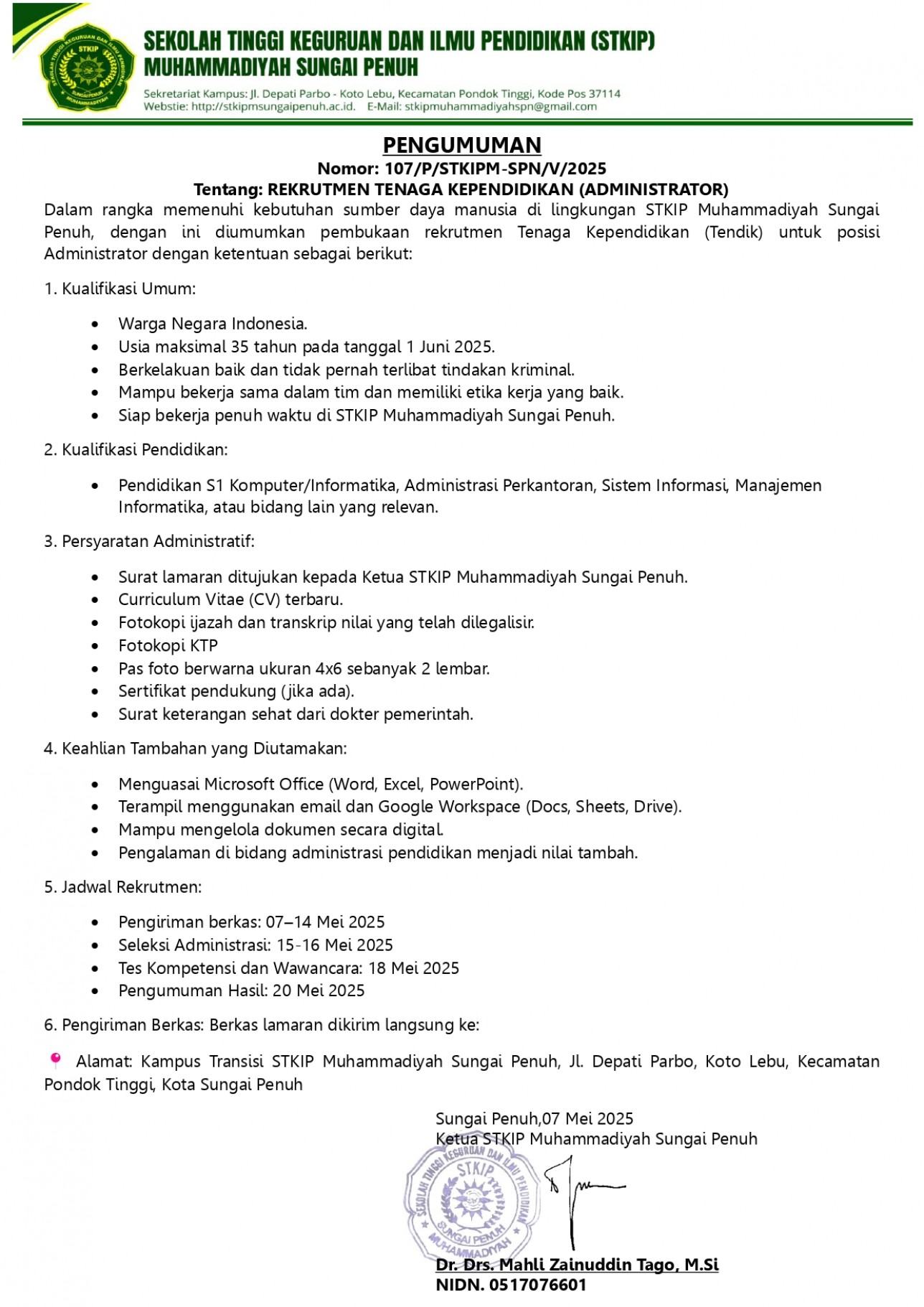 Rekrutmen Tenaga Kependidikan - Administrator