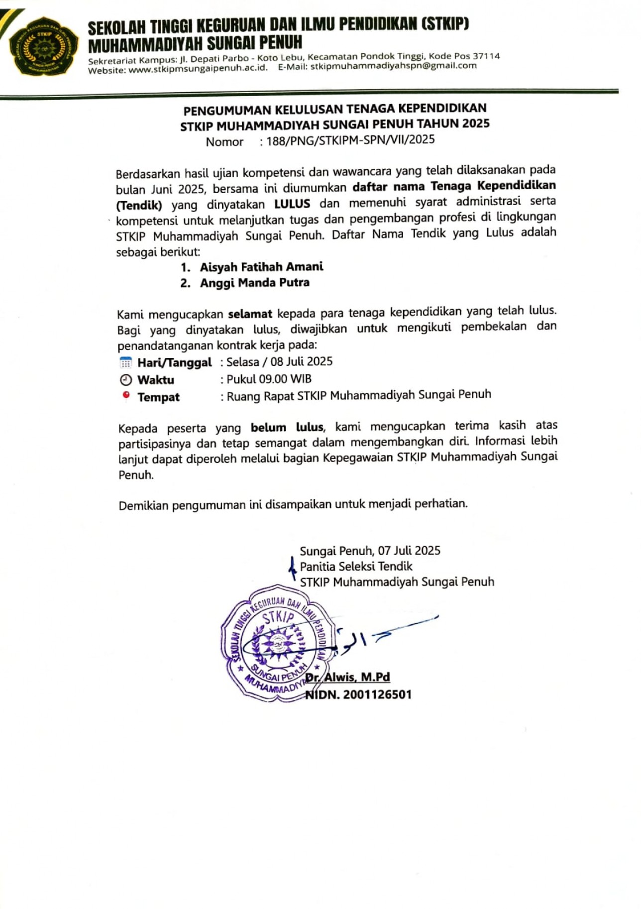 Pengumuman kelulusan Tendik STKIP Muhammadiyah Sungai Penuh